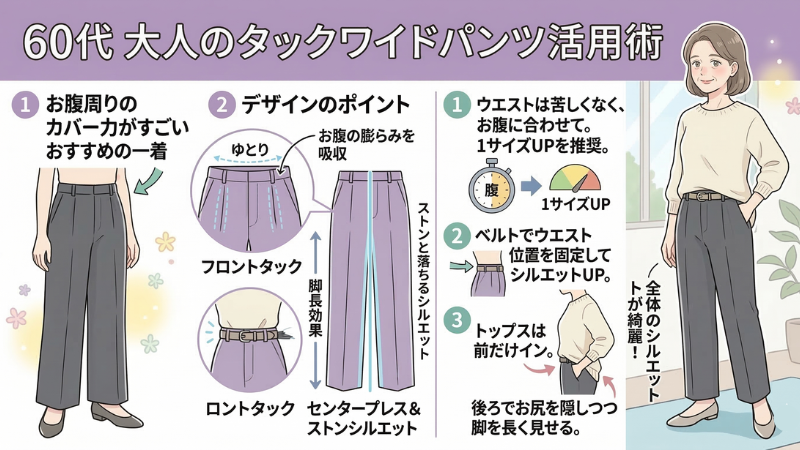 60代のぽっこりお腹をファッションで解決!太め体型を美しく見せるコツ